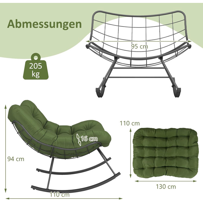 Крісло-гойдалка COSTWAY для саду, балкона та дому, зелене, з подушкою, вантажопідйомність 205 кг