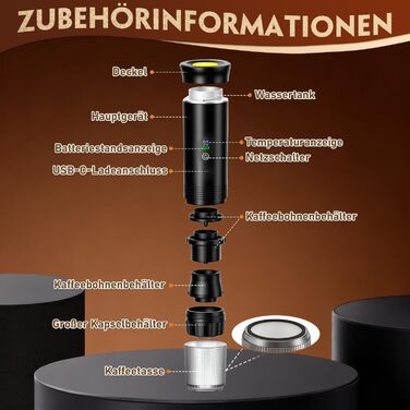 ADOGO Портативна кавомашина для еспресо з акумулятором, 20 Bar, електрична, сумісна з капсулами NS та меленою кавою, для подорожей та кемпінгу