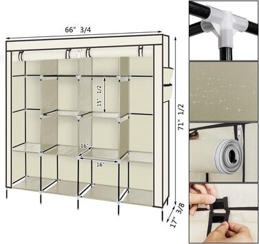 Шафа-купе розкладна з штангою для одягу та полицями, 170x45x180 см, бежева, для спальні/вбиральні