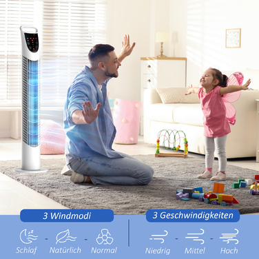 Вежа-вентилятор, 3 режими роботи, безшумний режим, таймер, пульт керування, 18x78,5 см, білий