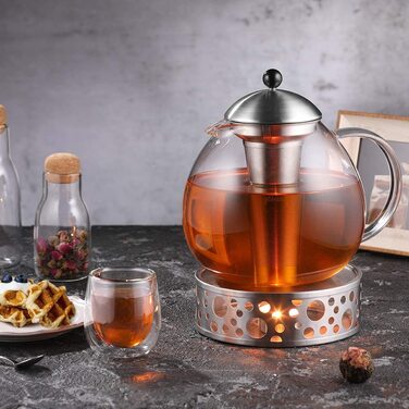 Скляний скляний Срібний чайник з нержавіючої сталі 18/8, ситечко для чаю з боросилікатного скла, чайник, підходить для підігріву чаю (Тип2-1, Срібний чайник, 2000 мл)