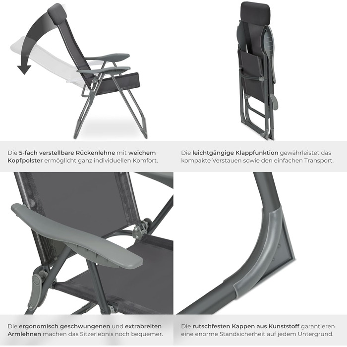 Шезлонги Tectake® 4 шт. - регульовані, з підставкою для ніг, легкі, складані, для саду, балкону, кемпінгу (Антрацит)
