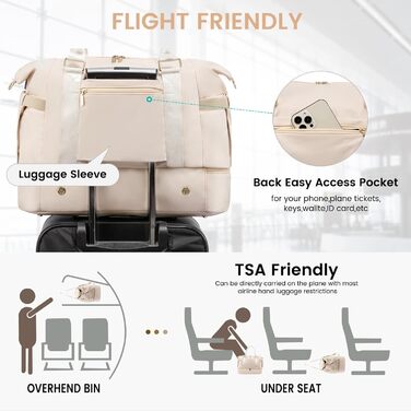 Спортивна сумка Lovevook для подорожей: жіноча дорожня сумка-шопер, сумка для вихідних з косметичкою, відділенням для взуття та мокрих речей, водонепроникна, 37л, бежева