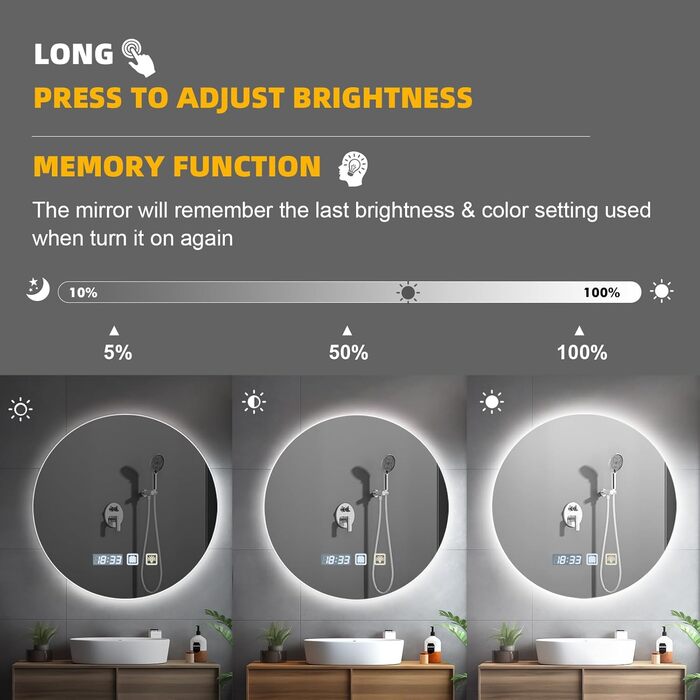 Дзеркало для ванної кімнати Sararoom з підсвічуванням, кругле LED дзеркало 600 мм, з підсвічуванням, 3 кольори світла, регулювання яскравості, запобігання запотіванню, кругле скло, функція пам'яті, 600 x 600 мм