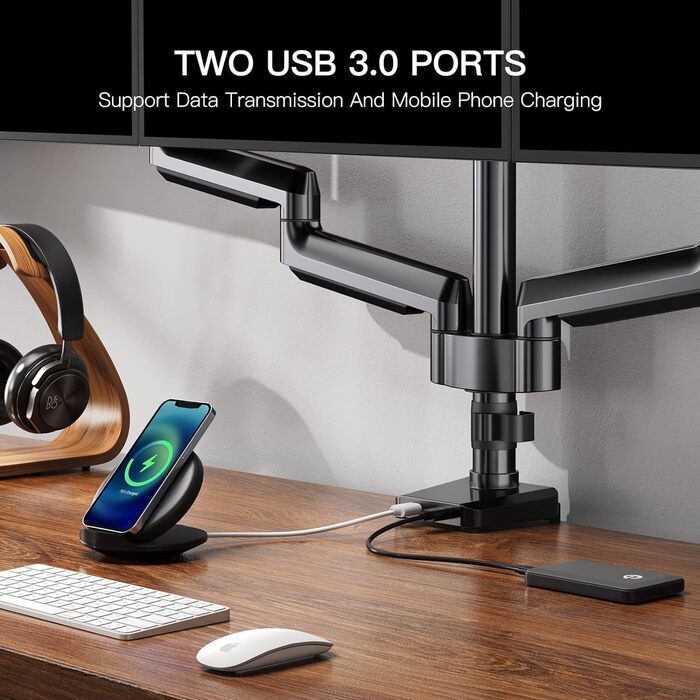 Тримач для моніторів ErGear на 3 монітори (13-27 дюймів), VESA 75/100, 2 USB, чорний
