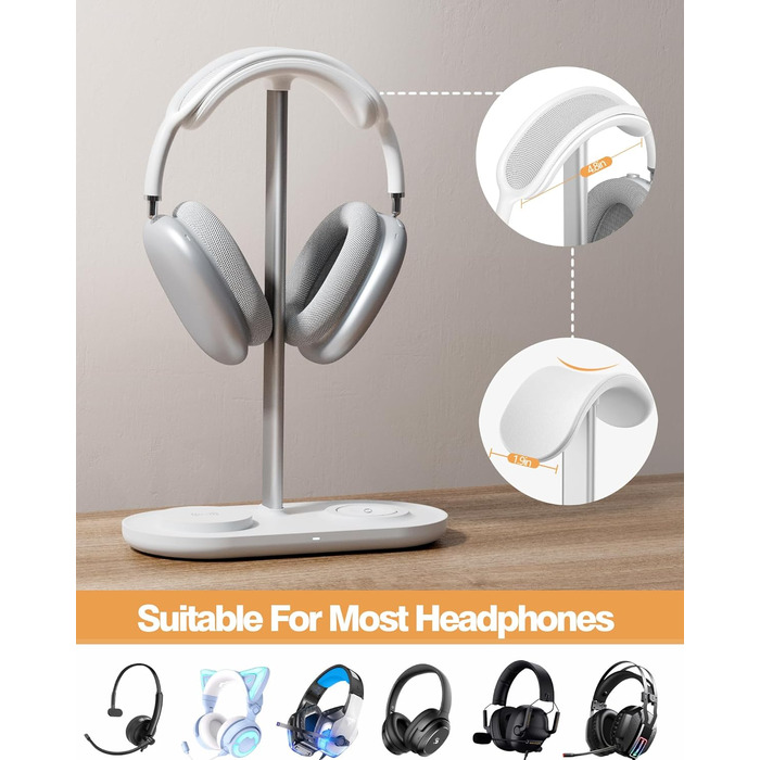 Підставка для навушників HiWe 3-в-1 з бездротовим зарядним пристроєм для телефону/AirPods/iWatch. Алюмінієва стійка, шкіряний підклад, ABS-основа, білий колір.