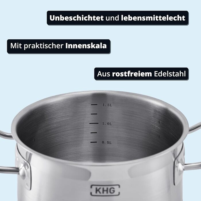 Каструля KHG 14 см з нержавіючої сталі, індукційне дно, 1.5 л | Для всіх плит, можна мити в посудомийній машині