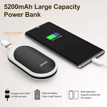 Infray грілка для рук USB, 5200mAh Power Bank, електрична грілка для рук з двостороннім нагрівом, чорна - ідеальний подарунок на зиму