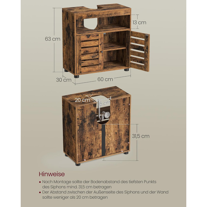 Підставка під раковину VASAGLE, шафка для ванної кімнати, 60 x 30 x 63 см, шафка для ванної, комод для зберігання з 2 дверцятами-решітками, з регульованою полицею, вінтажний коричневий BBK04BX