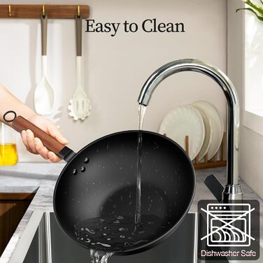 Вок Jobin 33 см з кришкою з термостійкого скла, з вуглецевої сталі, без хімічного покриття, для азіатської кухні, сумісний з індукційними, газовими, електричними та керамічними плитами, чорний