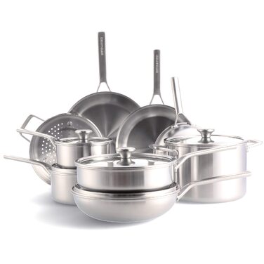 Набір посуду Merten & Storck Tri-Ply 8-Piece Cookware Set, нержавіюча сталь, індукційне дно, склокришки, придатний для духовки та посудомийної машини, сріблястий