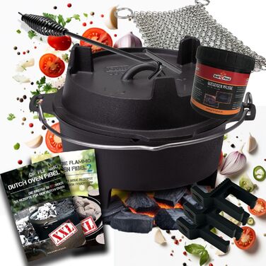 Набір голландської печі Grillfürst Dutch Oven BBQ DO 9 (9 л) з кришкою 35 см, підставкою, очищувачем та пастою для догляду + 2 шт. голландська піч Grillfürst DO 12 XXL