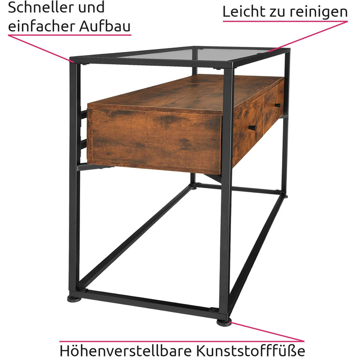 Консольний стіл Tectake з 2 ящиками та полицями, індустріальний стиль, скляна стільниця, 101,5x41,5x80,5 см, дерево, метал