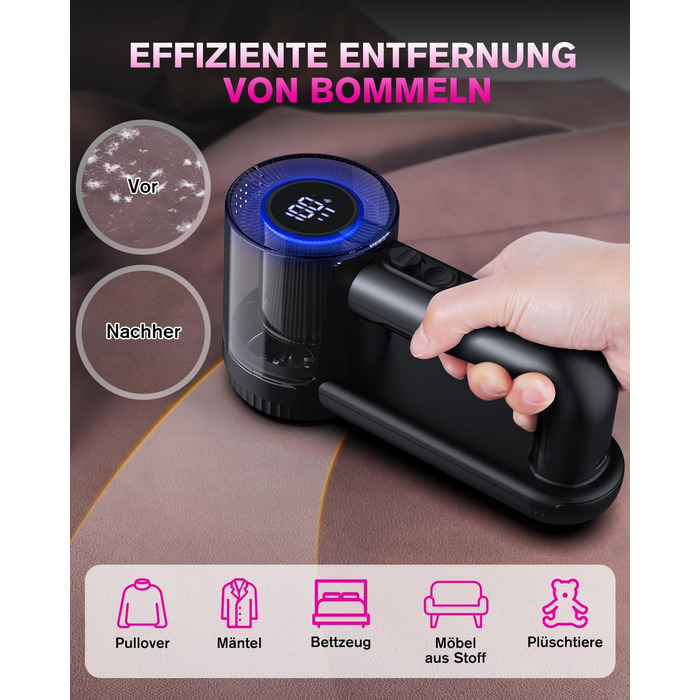 Електричний видальник ворсу Homtronics з USB-зарядкою, LED-дисплеєм та 6-ма лезами для одягу, диванів та килимів, чорний