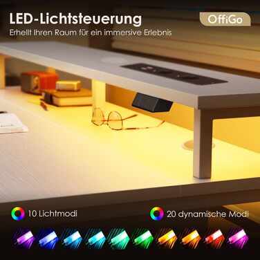 Регульований за висотою стіл OffiGo з 2 висувними ящиками та підставкою для клавіатури, 120 см. Електричний стіл з підставкою для монітора, RGB підсвічування та розетками, білий (120 x 54 см)