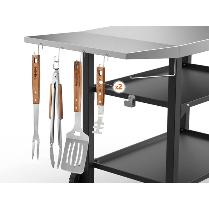 Набір гриль-посуду Onlyfire 4-TLG: щипці, лопатка, виделка, щітка з довгою ручкою з акації та нержавіючої сталі