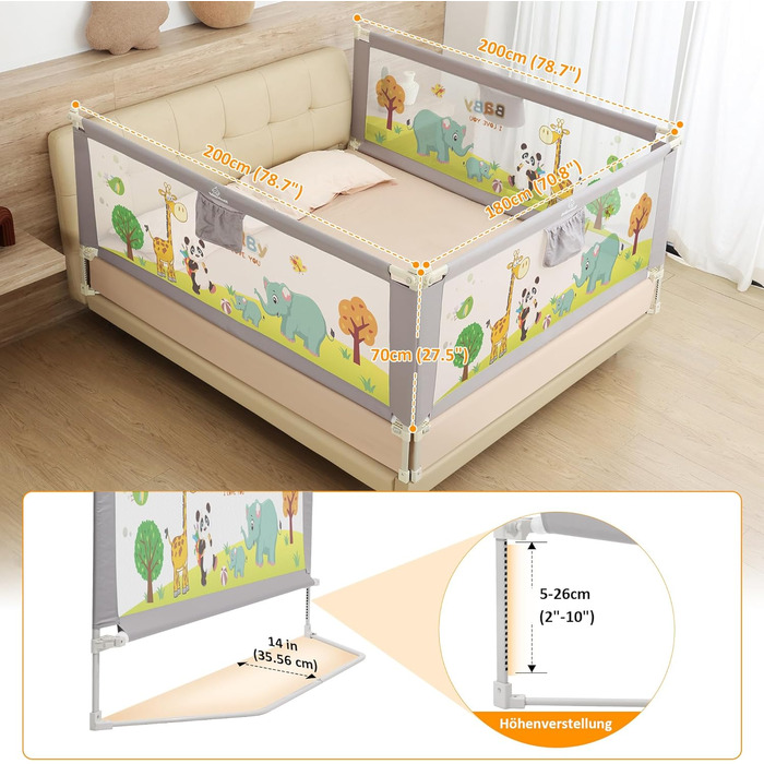 Бортики для ліжка дитячі 3 шт. (2x200 см + 1x180 см) складні, захист від випадання, малюнок 'Джунглі', для малюків та дітей