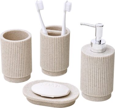 Набір для ванної кімнати 6-частинний: дозатор для мила, стакан для зубної пасти з підносом та коробочка для ватних паличок – смугастий дизайн, високоякісна смола. В комплекті: бежевий 4-частинний набір