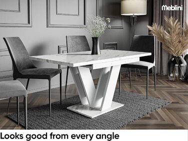 Обідній стіл MebleIni розсувний, сучасний дизайн, кухонний стіл, колона, чорний/білий глянцевий, 120-160x80x75 см, стільниця з білого мармуру/білий матовий