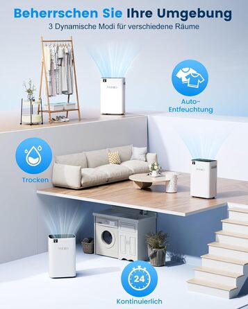 Електричний осушувач повітря 20л/день, високої продуктивності, з функцією сушіння білизни, таймером та системою відтавання, для приміщень до 200 м³/60 м², підходить для квартир, ванних кімнат, підвалів, гарантія 10 років