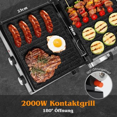 Контактний гриль Aigostar з керамічним покриттям, таймер на 30 хв. Паніні гриль та сендвічмейкер для сендвічів, стейків, тостів. 2000 Вт, регульований термостат, відкривання 180°, функція грилю