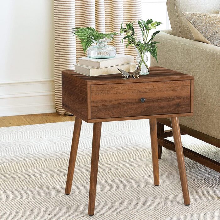 Набір з 2 тумбочок LUE BONA: сучасні приліжкові столики з прихованими ящиками та ніжками з дерева, горіх, для спальні та вітальні