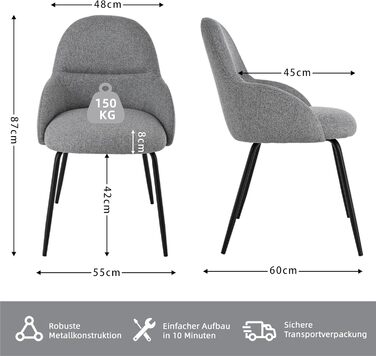 Набір обідніх стільців з підлокітниками – ергономічні м'які стільці, сучасні кухонні стільці з льоновим покриттям та металевими ніжками, для вітальні, обідньої кімнати, кухні, бежевий (2 шт., льон світло-сірий)