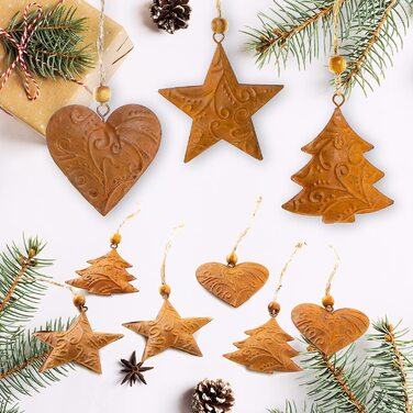 Різдвяні підвіски, 18 шт. коричневі Різдвяні підвіски серце зірка ялинка - металеві прикраси для різдвяної ялинки з патиною іржі - вінтажне різдвяне прикраса