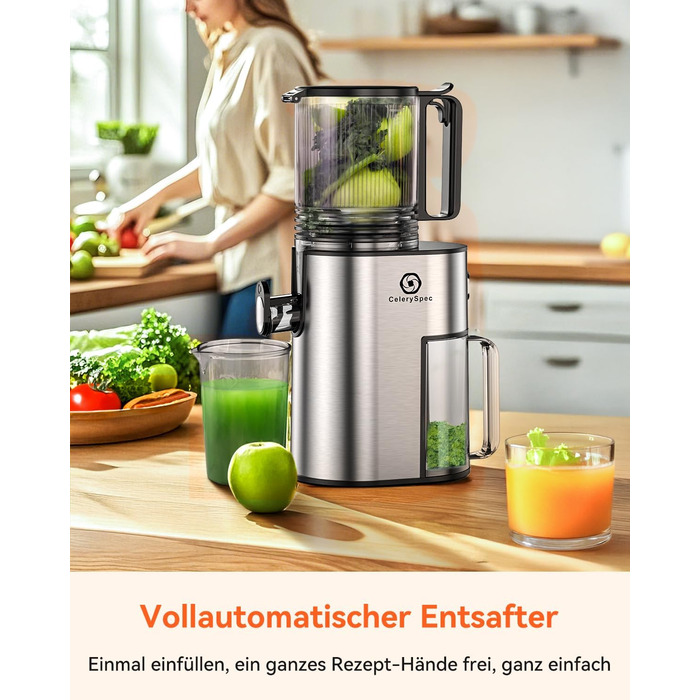 Шовковий відцентровий соковичавник - переможець тесту, для цілих овочів та фруктів, 130 мм завантажувальний отвір, 1.8л, BPA-free, 250W, функція зворотного ходу, легке очищення, нержавіюча сталь, чорний