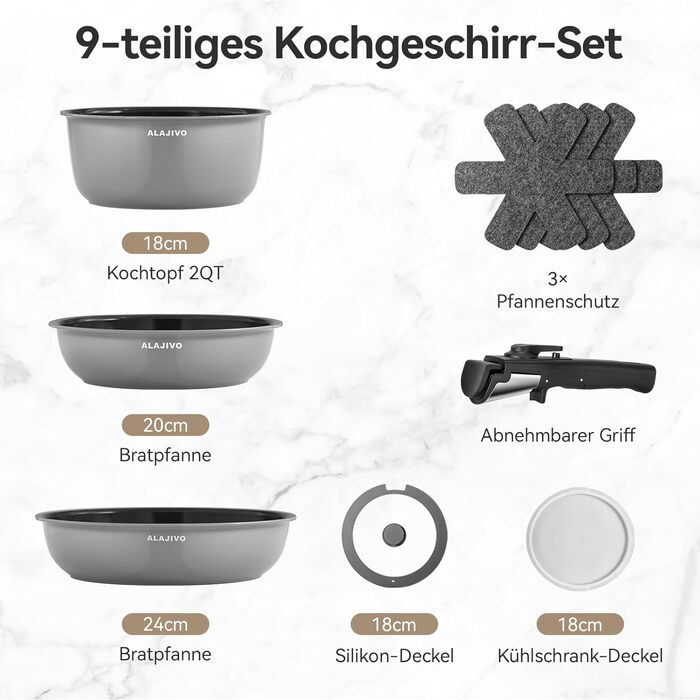 Набір посуду 9-ти частинний з знімним ручками, антипригарне покриття, для всіх типів плит, включаючи індукційні, сумісний з духовкою (сірий)