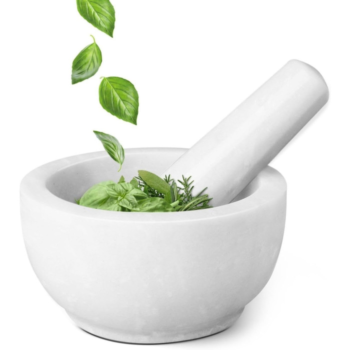 Мраморний ступка з товкачем Flexzion 14 см - набір для спецій, кухонний прилад, білий