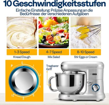 Кухонна машина VIVOHOME 5.7L з місткістю 5.7 літрів, потужністю 660W, 10 швидкостей, функцією імпульсу, для замішування тіста, з бризковим захистом, містить гак для тіста, вінчик та роздільник яєць (срібна)