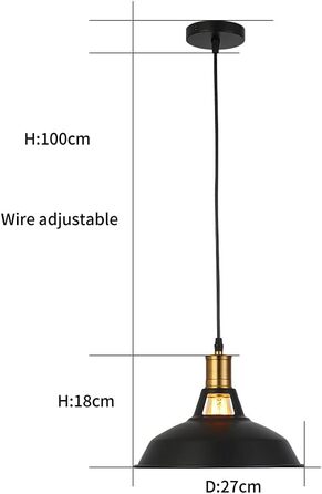 Ретро підвісний світильник, вінтаж індустріальний стиль, чорний, Ø27см, цоколь E27