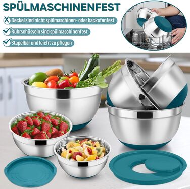 Набір мисок HaWare 6 шт. з нержавіючої сталі з кришками та тертками, 4.6/2.8/2.5/1.6/1.2/0.7 л, силіконове дно, миючі в посудомийній машині