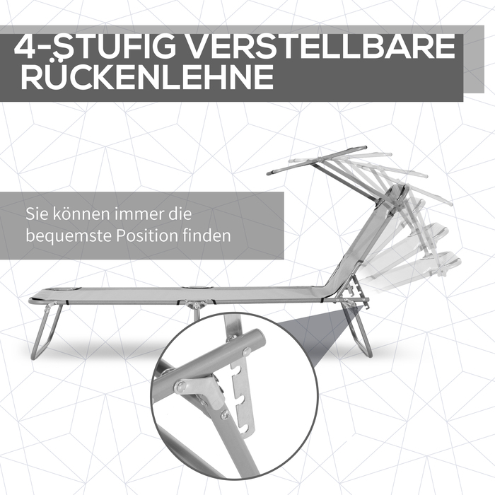 Шезлонг для саду, пляжу та відпочинку, складаний, з захистом від сонця, 187 x 58 x 36 см, сірий