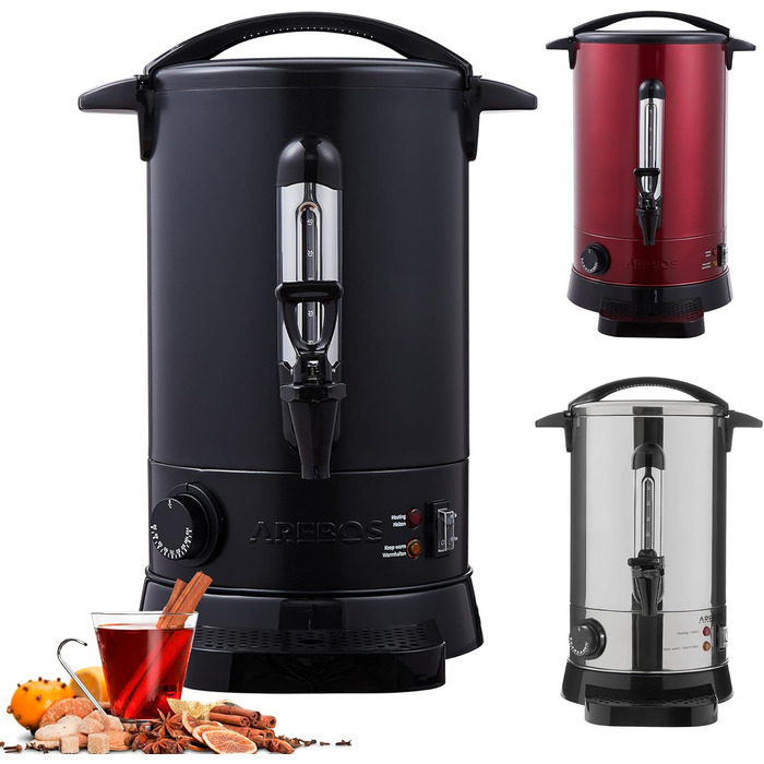 Електричний глінтвейновий котел Arebos 950 Вт | Глінтвейновий диспенсер | 8,8 л | з піддоном, краном, термостатом та захистом від перегріву | Регулювання температури 30-110°C | Чорний