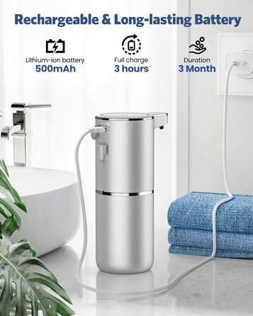 Автоматичний дозатор мила, 380 мл, електричний, з датчиком, USB, водонепроникний IPX5, для кухні, ванної кімнати, школи, готелю (сріблястий, піна)