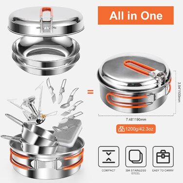 Набір посуду для кемпінгу Odoland: каструля, сковорода, тарілки, миски, виделки, ножі, ложки (10/15 шт.) з нержавіючої сталі з антипригарним покриттям та чохлом