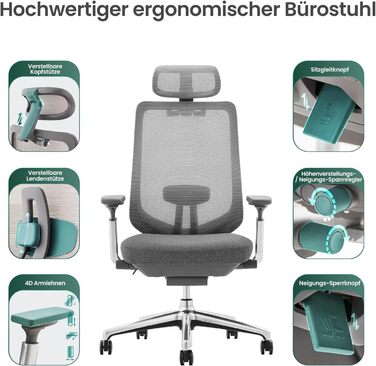 Офісний крісло Colamy XK Atlas з ергономічним дизайном, сітчаста спинка, регульована підголівник, поворотний крісло для комп'ютера з 4D підлокітниками, алюмінієва база, регульоване сидіння, фіксація нахилу, темно-сірий колір