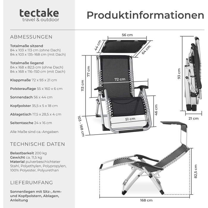 Тектейк® Розкладна сонцелюстра, шезлонг для саду з сонцезахисним дахом, вуличний крісло для балкона або саду, лежак з додатковою товстою подушкою, розслаблюючий лежак, витримує до 200 кг - (1 шт. - з сонцезахисним дахом, чорний)
