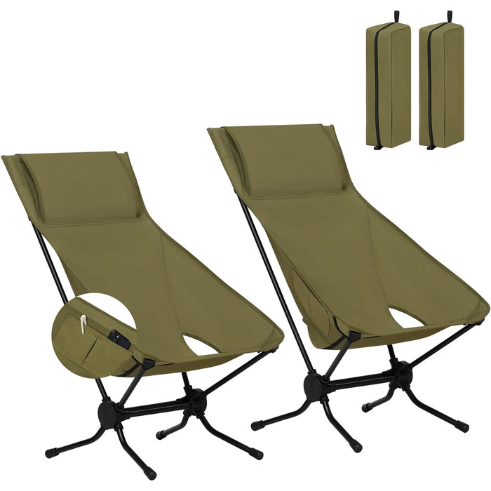 Набір з 2 кемпінгових крісел складний, складаний стілець Крісло для риболовлі Кемпінгове крісло, надлегке складне, зі спинкою Бічні кишені сумки для перенесення, 150 кг з можливістю завантаження, оксфордська тканина алюміній, зелений, CPS8157gn-2