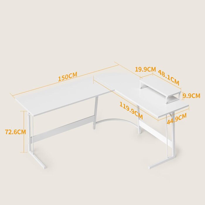 Кутовий письмовий стіл CubiCubi L-подібний, стійкий, з підставкою для монітора , 150x120 см, білий