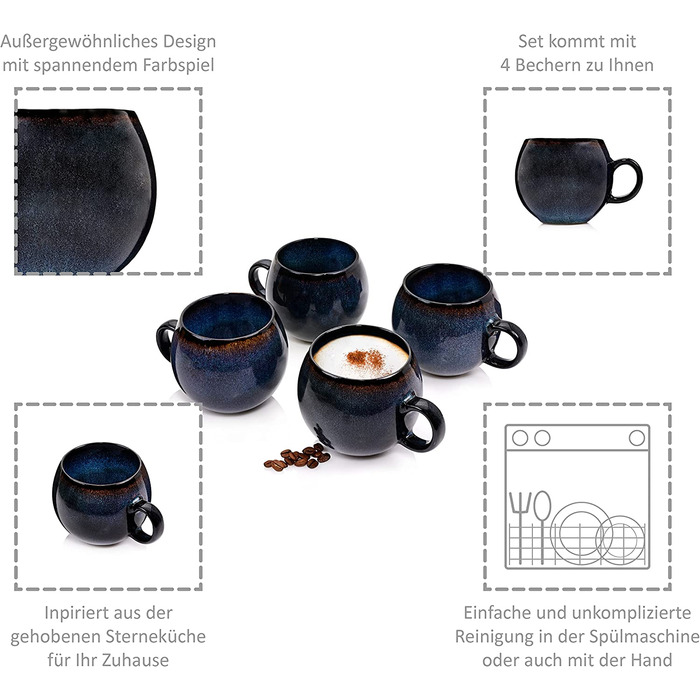 Набір кавових чашок Sänger Tokio 8 шт., чашки для капучино 4 шт., набір чашок з блюдцями, 80 мл, кераміка, блакитно-чорний колір з коричневими акцентами, PREMIUM COLLECTION