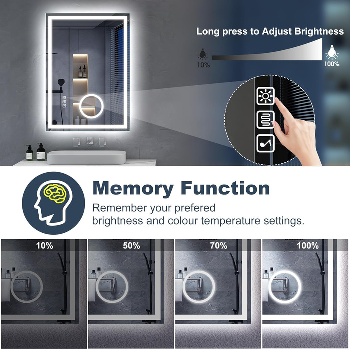 Дзеркало для ванної кімнати S'bagno Bluetooth з підсвічуванням 100x70 см, LED, протитуманне, диммер, Bluetooth, HD скло, IP44, горизонтальне/вертикальне