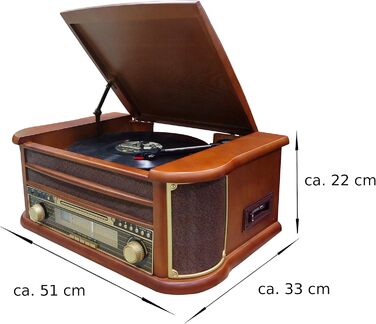 Ретро музичний центр Nostalgie з Bluetooth, касетною декою, CD/MP3/USB програвачем, радіо, програвачем вінілових платівок, AUX IN, записом MP3 та пультом