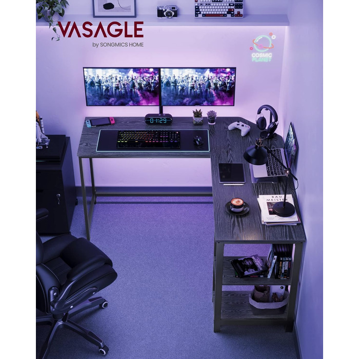 VASAGLE L-подібний кутовий стіл для комп'ютера, 138 x 138 x 76 см, з 2 полицями, для офісу та дому, ігровий, чорний з імітацією дерева, LWD072B56