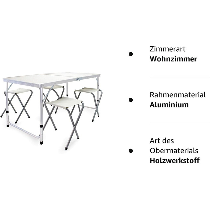 Набір місць для кемпінгу Wiltec Алюміній 5 шт. регульований по висоті стіл з чотирма стільцями, розкладний кемпінговий стіл