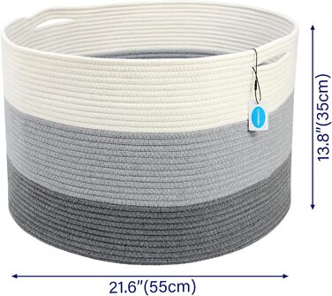 Кошик для зберігання Casaphoria з бавовняного шнура для вітальні, плетені кошики з ручками для ковдр, рушників та подушок, кошик для білизни, кремово-білий та коричневий (55,9 x 55,9 x 35,6 см, XXXL)