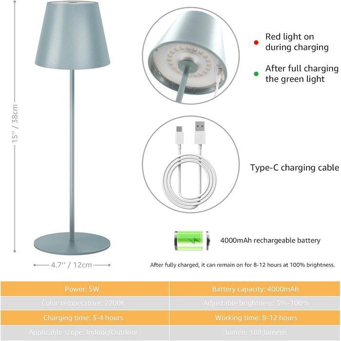Бездротова світлодіодна акумуляторна настільна лампа з можливістю затемнення, теплий білий 3000K, 180 люмен, водонепроникний, темно-зелений