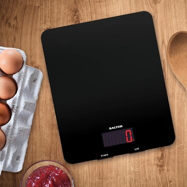Цифрові кухонні ваги Salter 1160 BKDR - Електронні харчові ваги місткістю 10 кг, ваги для випічки з функцією тарування, вимірювання рідини, великий РК-дисплей, тонка скляна платформа, чорний 10 кг